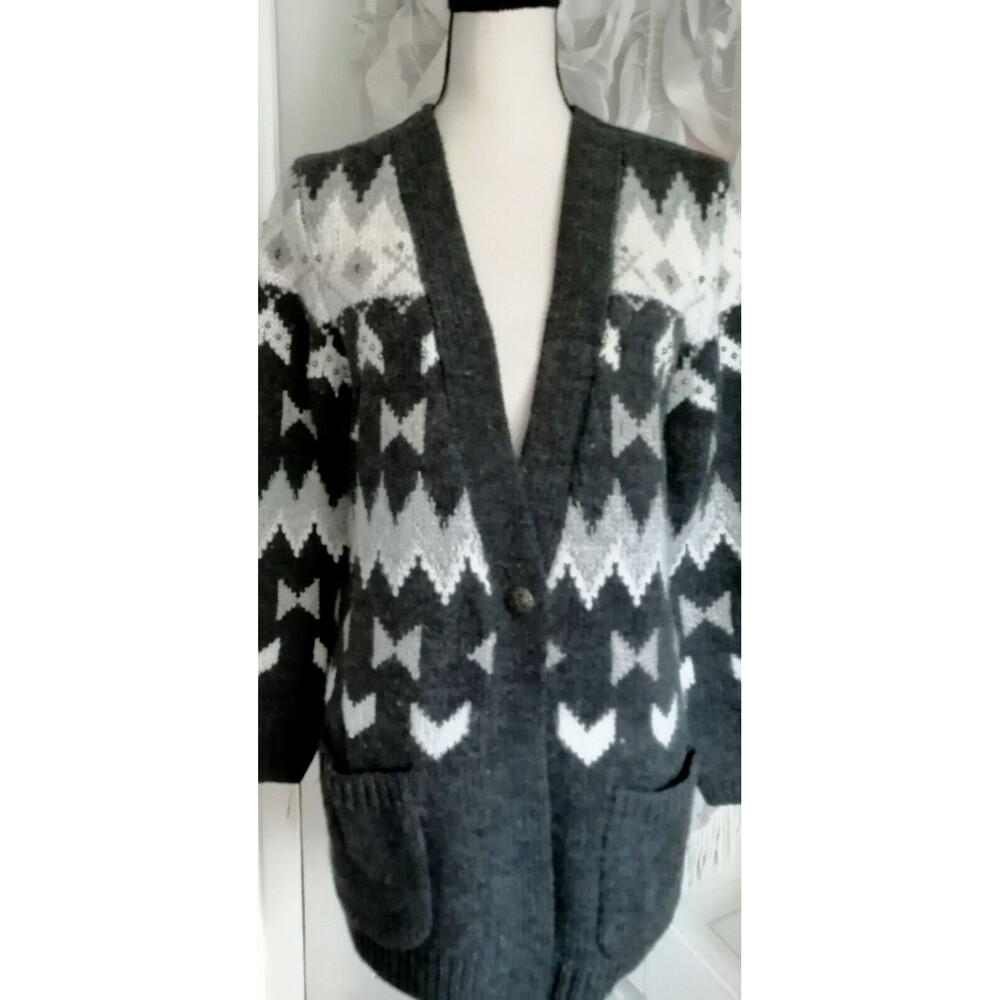 J Jill Cardigan Sweater Chunky Wool Blend Beaded Women M Gray Fair Isle Pockets